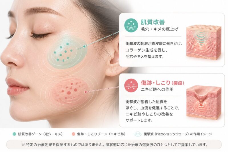 顔のニキビ跡・毛穴に対するリフトン施術の効果部位を示すイラスト
