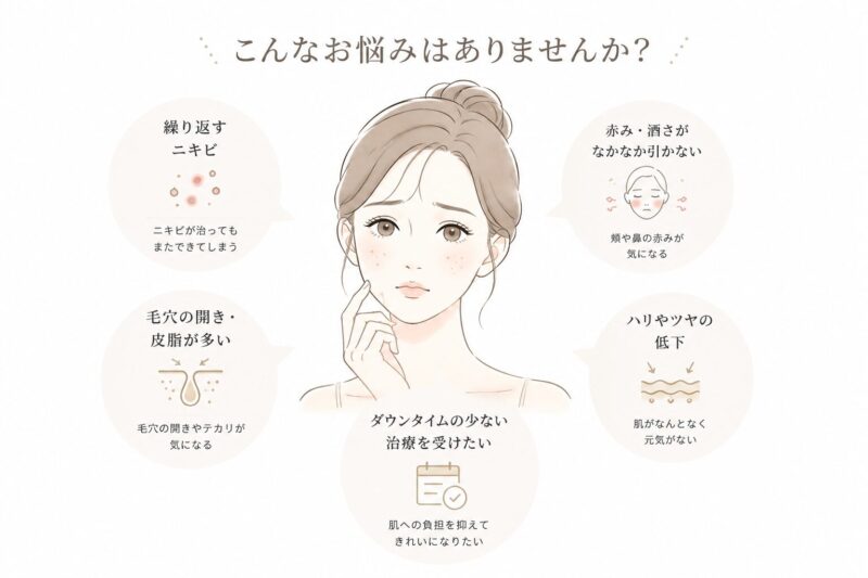 ニキビ・毛穴の開き・赤みに悩む女性のイラスト