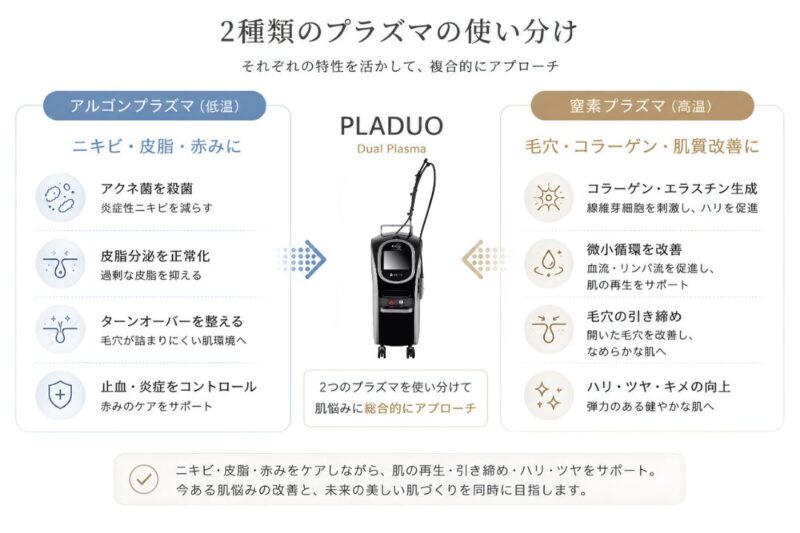 アルゴンプラズマ(殺菌・皮脂抑制)と窒素プラズマ(コラーゲン産生・肌再生)の違いを示す図解