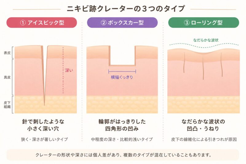 アイスピック型・ボックスカー型・ローリング型のニキビ跡クレーター比較図 カニズムを示す断面図解
