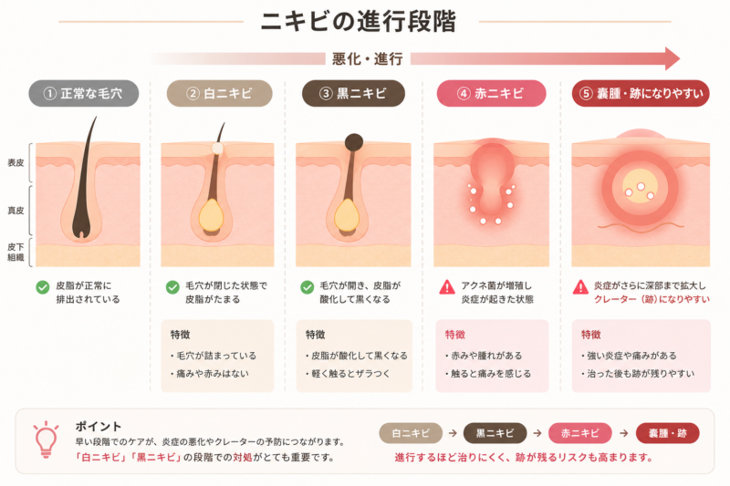 ニキビの進行段階を示す図解:正常な毛穴→白ニキビ→黒ニキビ→赤ニキビ→嚢腫(跡になりやすい)の5段階と各特徴を示した断面図