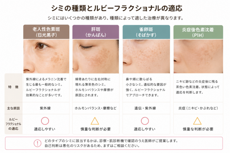 老人性色素斑・肝斑・雀卵斑・炎症後色素沈着のシミの種類と特徴を示す図解