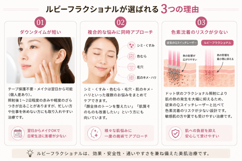 ダウンタイムが短い・複合的な悩みに同時アプローチ・色素沈着のリスクが少ないルビーフラクショナルの3つの特徴を示す図解」