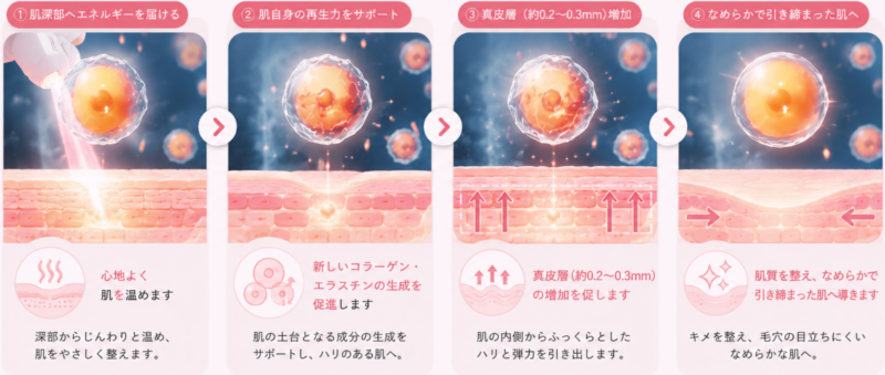 QMRテクノロジーによる肌再生の4ステップ：①肌深部へエネルギーを届ける②コラーゲン・エラスチンの生成を促進③真皮層0.2〜0.3mm増加④なめらかで引き締まった肌へ
