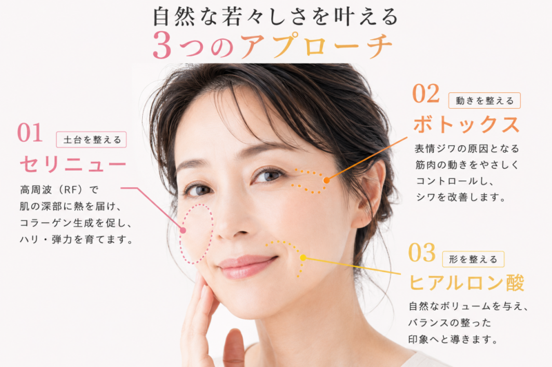 自然なエイジングケアに必要な3つのアプローチ:土台を整えるセリニュー・動きを整えるボトックス・形を整えるヒアルロン酸の役割分担を示す図解