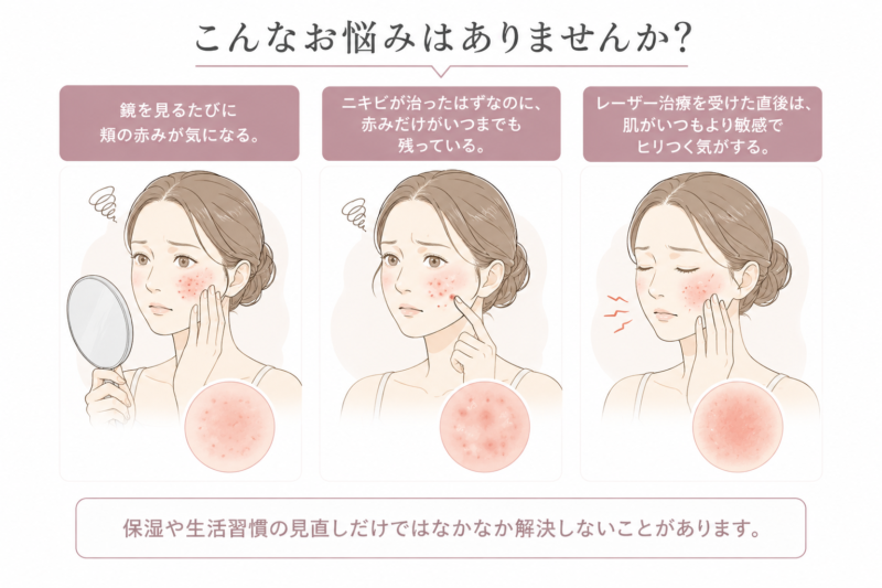 頬の赤みやニキビ後に残る赤み、レーザー治療後の敏感肌など炎症性の肌トラブルのイメージ
