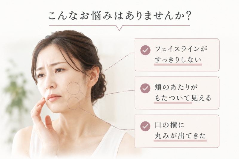 alt:顔のたるみによるフェイスラインのもたつき・頬のゆるみ・口横の丸みのイメージ